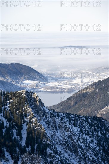 View of Schliersee and the foothills of the Alps in winter with snow, Mangfall mountains, Bavarian