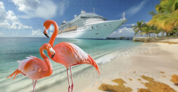 Beautiful tropical flamingo on the sandy shore with docked cruise ship in the background