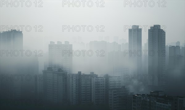 Urban landscape shrouded in smog with tall buildings barely visible AI generated
