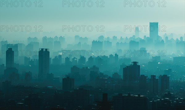 A city skyline obscured by thick smog, Industrial AI generated