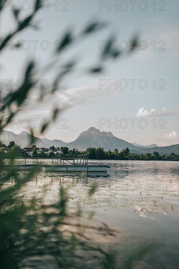 Quiet lake with a jetty, surrounded by mountains and trees. Hopfensee, Bavaria Germany