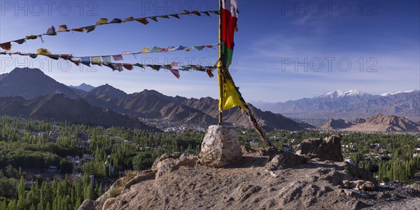 Panorama over Leh and the Namgyal Tsemo Gompa monastery on Tsenmo Hill, a viewpoint over Leh,