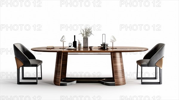 An elegantly set luxury dining table with modern chairs and dark wood tones, AI generated