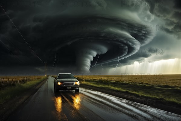 Disaster catastrophe storm concept, tornado in a field in the USA with car on road escaping tornado