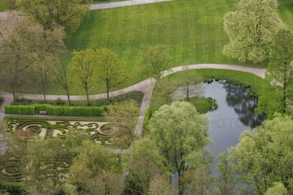 A green park with footpaths, a pond and trimmed hedges, surrounded by trees in spring, small park