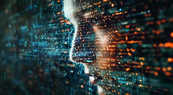 Human beings morphing into code. The concept of cyborg and AI becoming sentient, AI generated