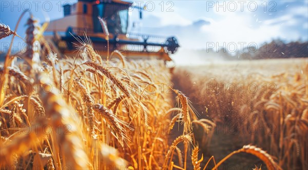 Combine harvester. collecting harvest of rye and wheat, Agriculture grain farming concept, AI