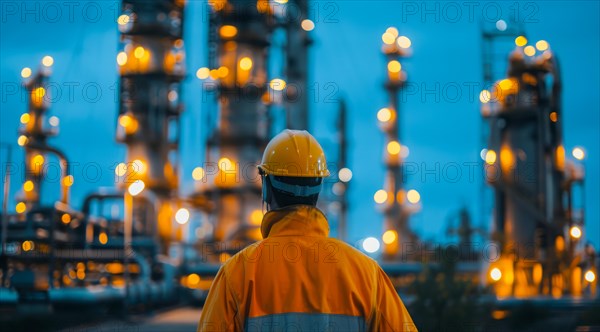 Worker overlooking a large industrial chemical oil refinery plant. Pollution and ecology concept,