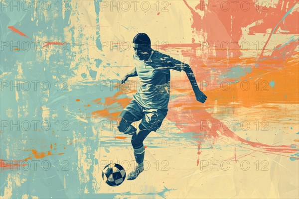 A soccer player dribbles and kicks a soccer ball. Abstract vintage grungy poster style with muted