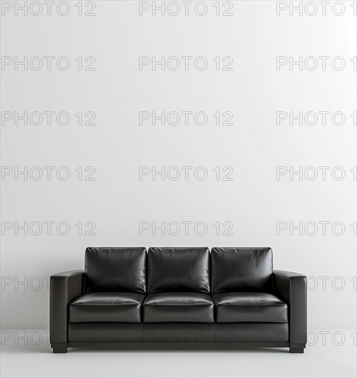 Black leather sofa in a white room. Black and white photography. AI generated