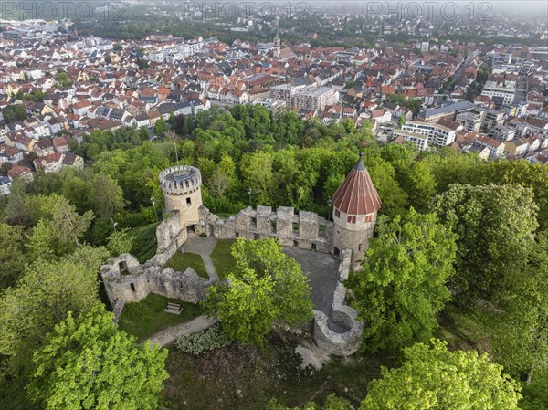 Aerial view of the Honburg castle ruins on the Honberg with the town of Tuttlingen, district of