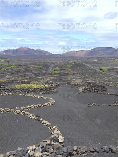 Agriculture arrangement on black earth under a somewhat cloudy sky, barren landscape with roads,