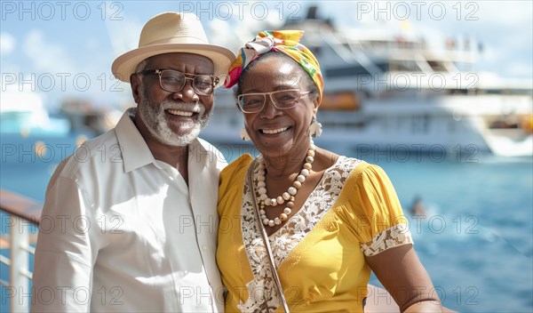 Happy african american senior couple portrait in front of their luxury cruise ship. generative AI,