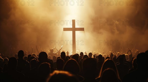 Large crowd of people praying to god and Jesus in front of the Cross, AI generated