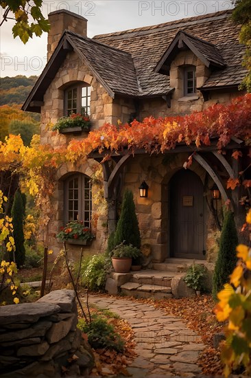 Rustic vineyard cottage nestled in a canopy of vines leaves showcasing autumns color palette in the