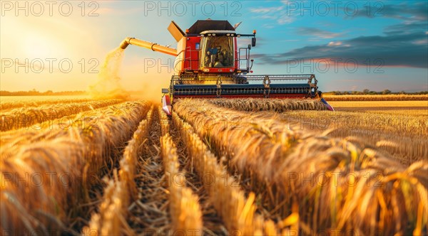 Combine harvester. collecting harvest of rye and wheat, Agriculture grain farming concept, AI