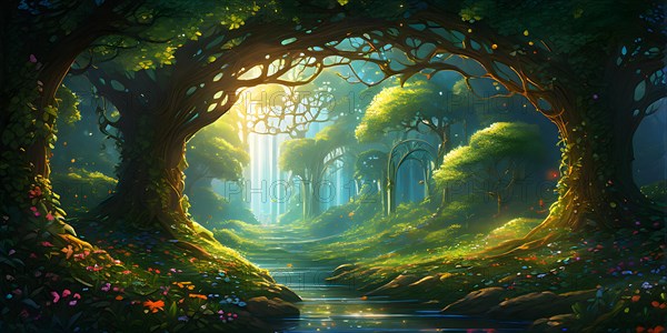 AI generated enchanted forest illustration intertwining trees aglow with magical light