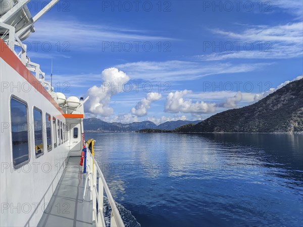 Ferryboat off the coast of Marmaris, Mugla province, Aegean Sea, Turkey, Asia