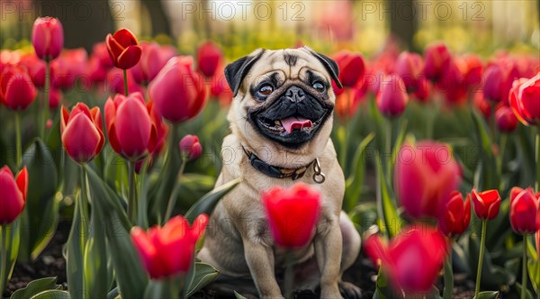 Portrait of a pug standing in the field with flowers, AI generated