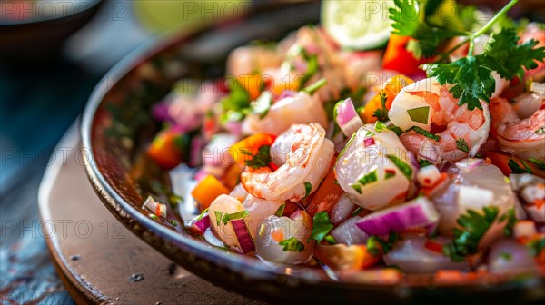A fresh citrusy shrimp ceviche with onions, cilantro, and diced tomatoes, AI generated