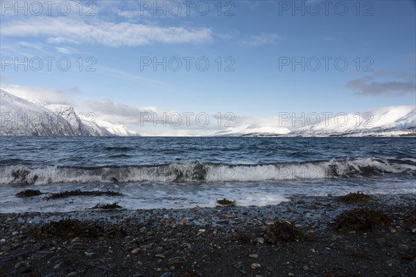 View into the sea with mountains of the Lyngenfjord in winter, Norway, Europe
