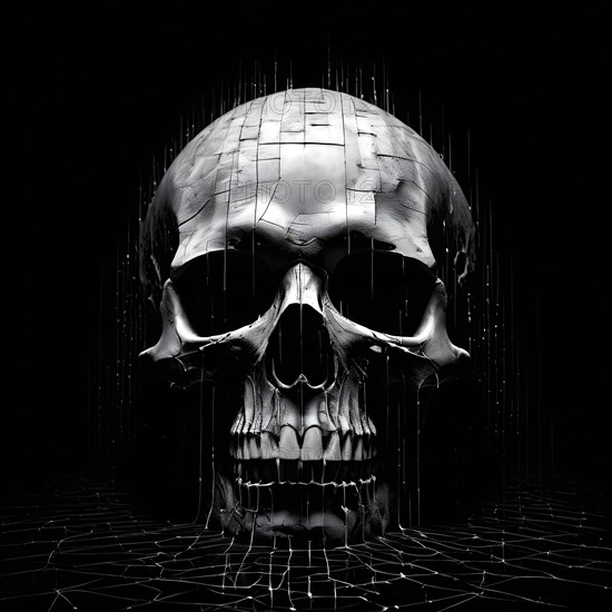 Broken skull with a cascade of binary digits forming a tidal wave stream, AI generated