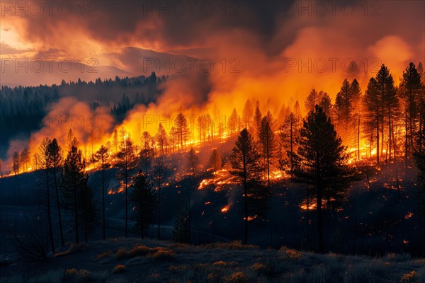 View of a forest fire is raging through a forest, with smoke and flames visible in the air. The