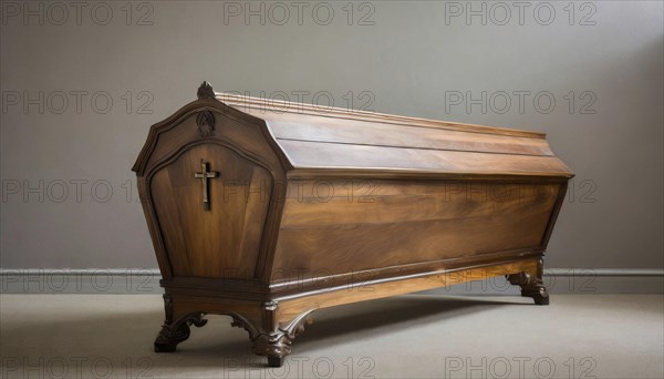 Symbol photo, wooden coffin in front of neutral background, AI generated, AI generated