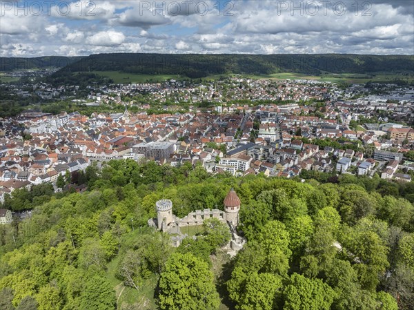 Aerial view of the Honburg castle ruins on the Honberg with the town of Tuttlingen, district of
