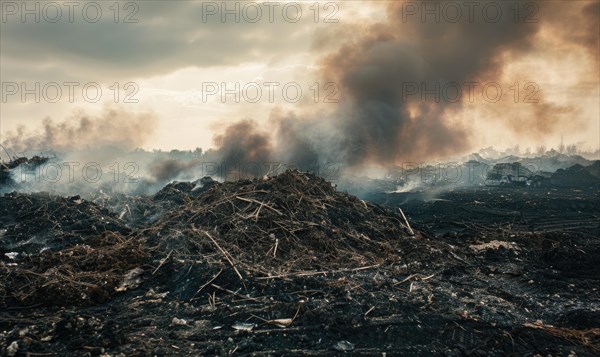 Smoke rising from a burning landfill, air pollution AI generated