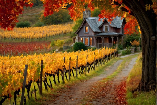 Rustic vineyard cottage nestled in a canopy of vines leaves showcasing autumns color palette in the