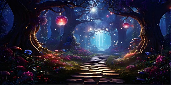 AI generated enchanted forest illustration intertwining trees aglow with magical light