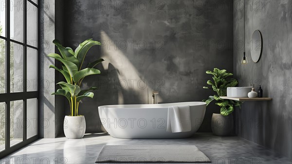 Modern Bathroom Interior, bathroom accessories, interior plants and bathtub. AI generated