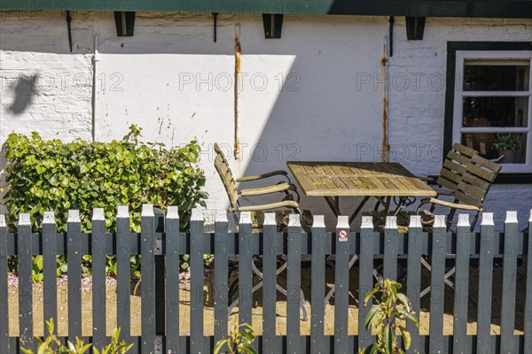 Garden furniture made of wood and metal behind a fence, with plants next to a sunlit wall, historic