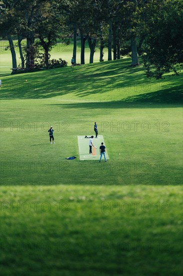 Group of people playing sports cricket in a meadow in a park in the countryside. Taken at lunchtime