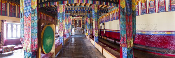 Dukhang, prayer and meeting room, Diskit Monastery, near Hunder, Nubra Valley, Ladakh, Jammu and
