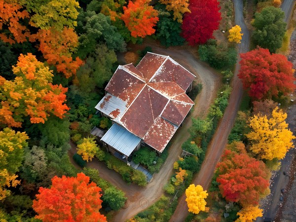 Aerial view of a rustic vineyard cottage nestled in a canopy of vines leaves showcasing autumns