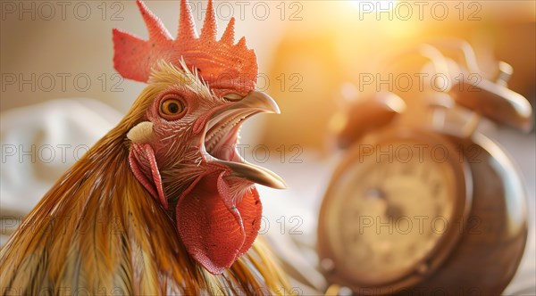 A rooster is standing in front of a clock with its beak open. Concept of a loud alarm clock, AI