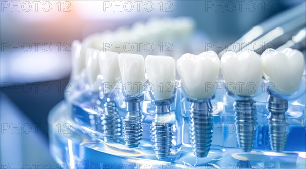 A close up of a titanium modern dental implant teeth with a silver implant screw, AI generated