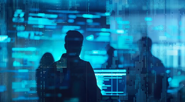 Office corporate programmers coders inspecting code for security. Corporate development and IT