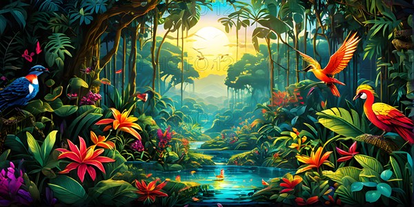 AI generated illustration of an enchanted fairy tale jungle inhabited by magical fantasy animals in