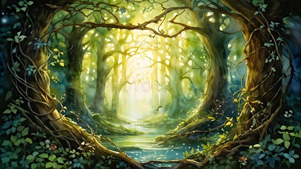 AI generated enchanted forest illustration intertwining trees aglow with magical light