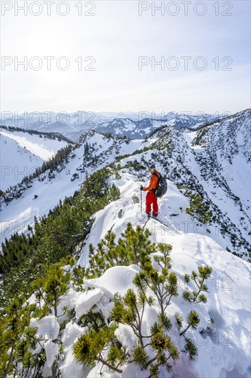 Mountaineer on the ridge of the Aiplspitz in the snow, snow-covered mountain landscape with