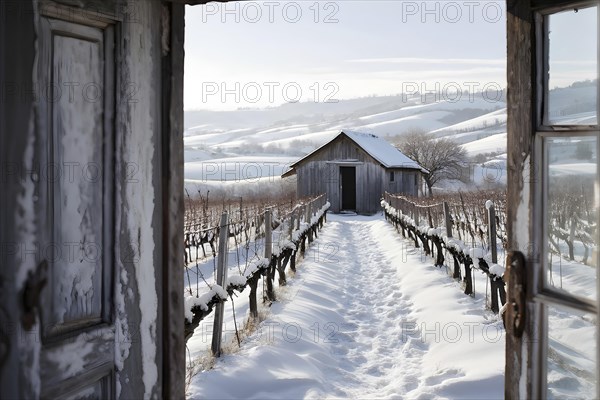 Rustic vineyard cottage in a winter vineyard landscape with snow, AI generated