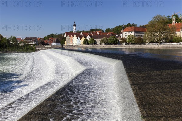 Historic old town centre of Landsberg am Lech, in front of the Lech weir, Upper Bavaria, Bavaria,