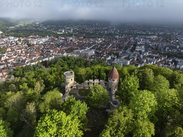 Aerial view of the Honburg castle ruins on the Honberg with the town of Tuttlingen, district of