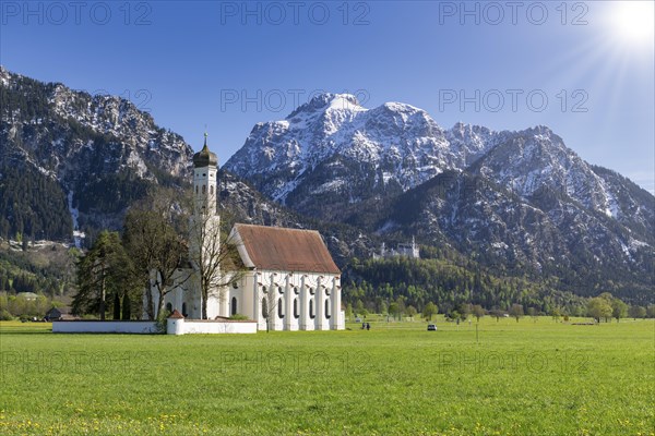 Pilgrimage church of St Coloman in spring, sun, behind Neuschwanstein Castle, Schwangau, Fuessen,