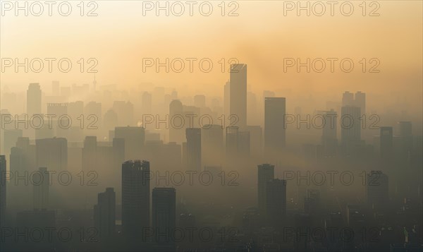 Urban landscape shrouded in smog with tall buildings barely visible AI generated