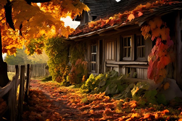 Close up of a rustic vineyard cottage nestled in a canopy of vines leaves showcasing autumns color
