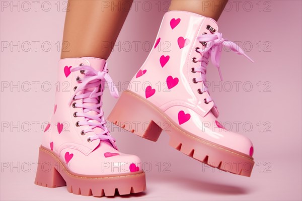 Woman's feet in pink boots with hearts. KI generiert, generiert, AI generated